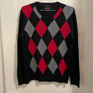 Banana Republic Men’s V-Neck - Black with Red and Gray Argyle